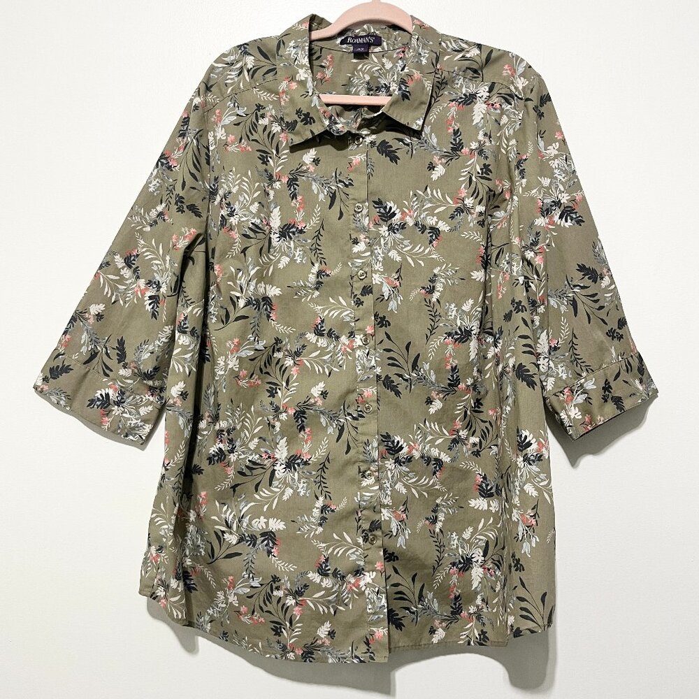 Roamans Womens Floral Button Up Shirt 26W Green 3/4 Sleeve Cottagecore Country